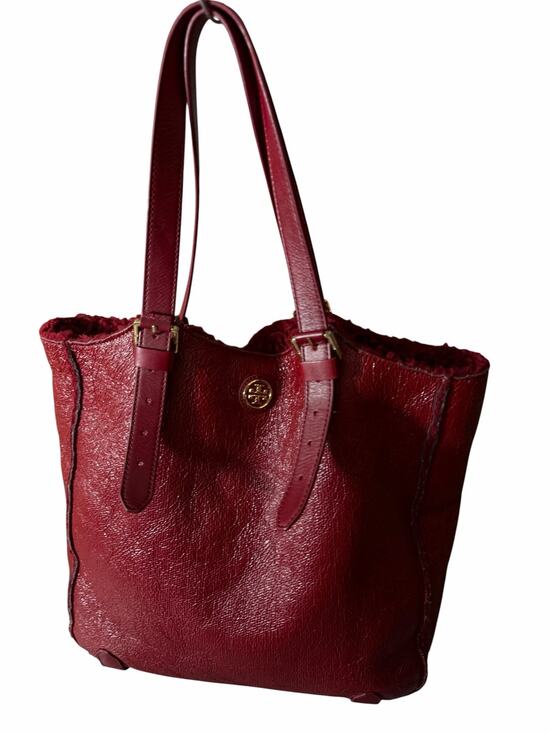 Tory Burch Handbags - Tory Burch Channing Shearling Patent Leather Tote Red Burgundy Big Shoulder Bag